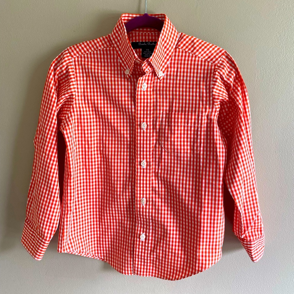 Brooks Brothers‎ Button Up Shirt Boys Size XS Orange Gingham Red Fleece Non Iron